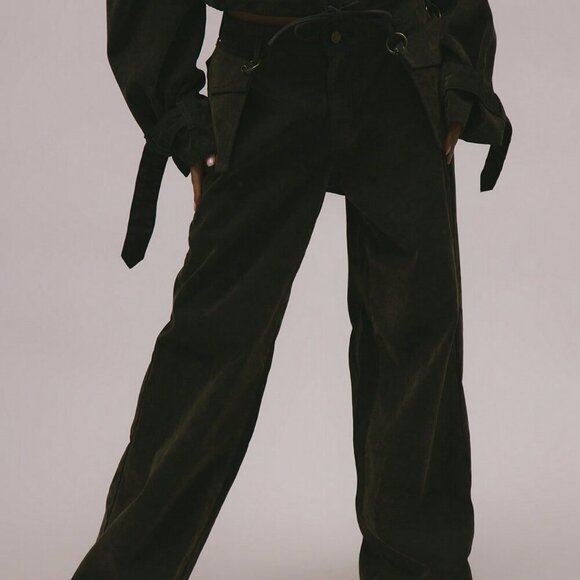 Army Green Casual Women's Velvet Denim Looped Hook On Pocket Detail Jeans - Picture 2 of 5